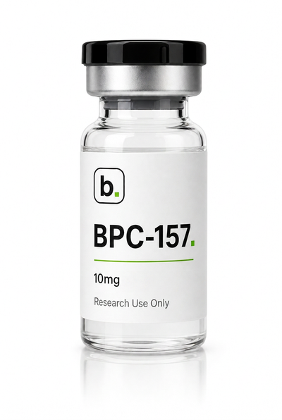BPC-157 peptide vial, 10mg / 5ml research-grade lyophilised powder, made and tested in the UK