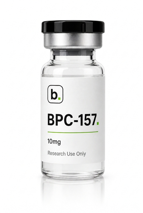 BPC-157 peptide vial, 10mg / 5ml research-grade lyophilised powder, made and tested in the UK