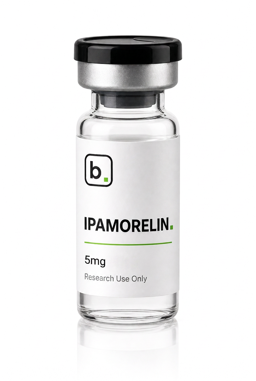 Ipamorelin peptide vial, 10mg / 5ml research-grade lyophilised powder, made and tested in the UK
