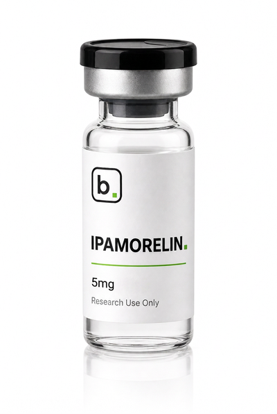 Ipamorelin peptide vial, 10mg / 5ml research-grade lyophilised powder, made and tested in the UK