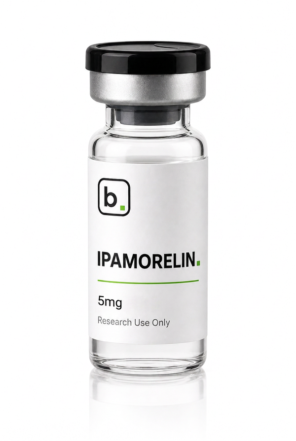 Ipamorelin peptide vial, 10mg / 5ml research-grade lyophilised powder, made and tested in the UK