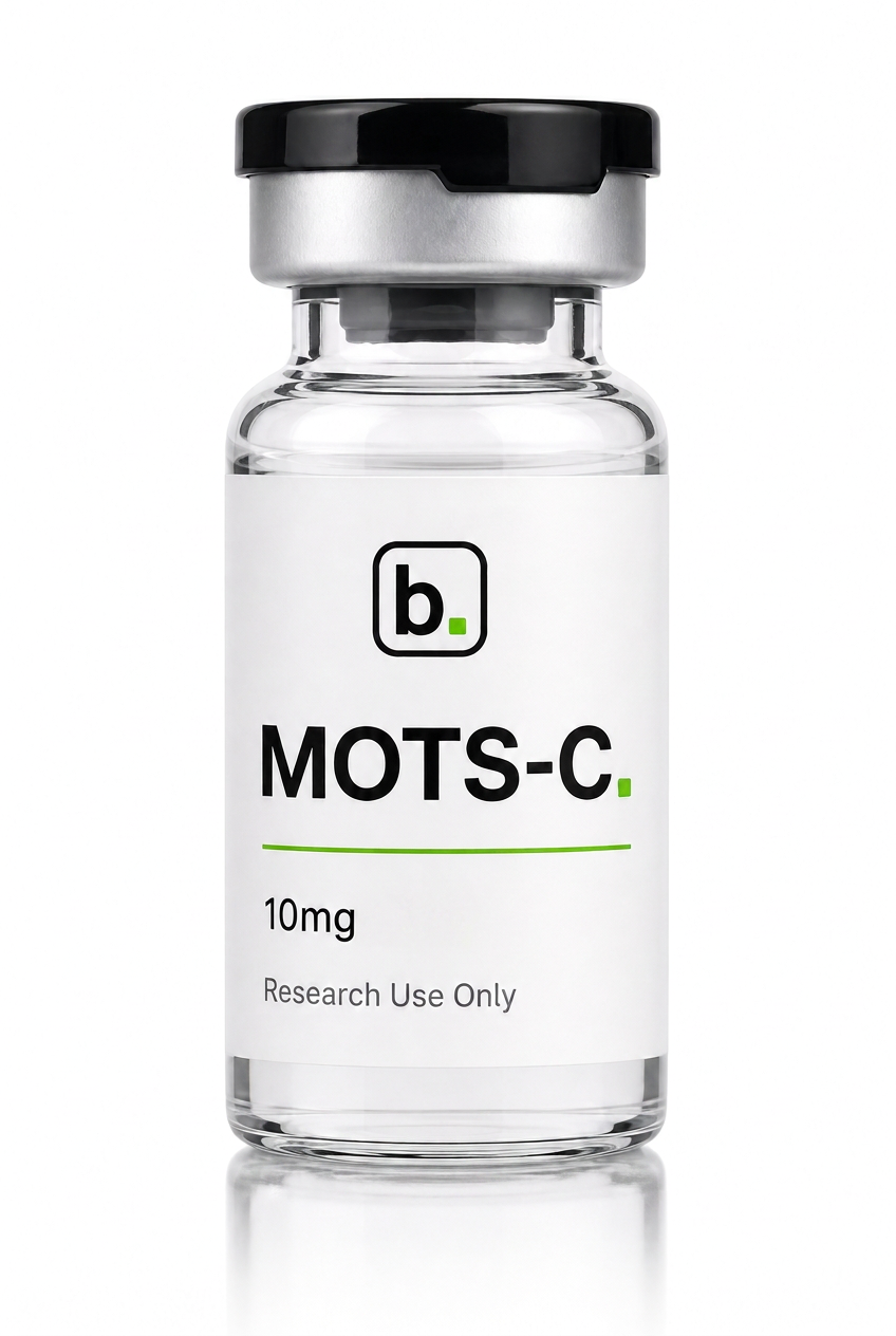 MOTS-c peptide vial, 10mg / 5ml research-grade lyophilised powder, made and tested in the UK