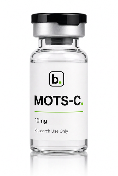 MOTS-c peptide vial, 10mg / 5ml research-grade lyophilised powder, made and tested in the UK