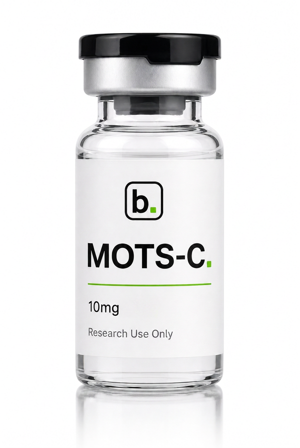 MOTS-c peptide vial, 10mg / 5ml research-grade lyophilised powder, made and tested in the UK