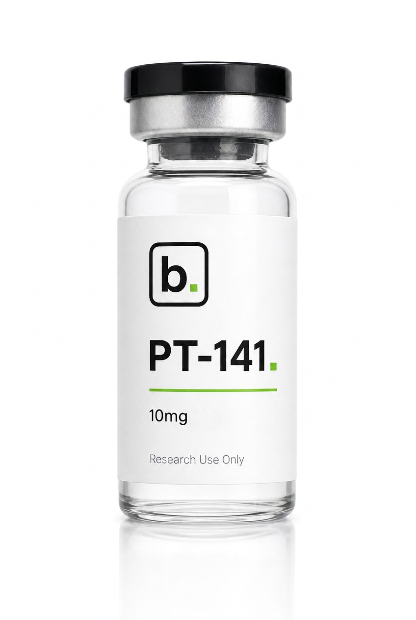 PT-141 bremelanotide peptide vial, 10mg / 5ml research-grade lyophilised powder, made and tested in the UK