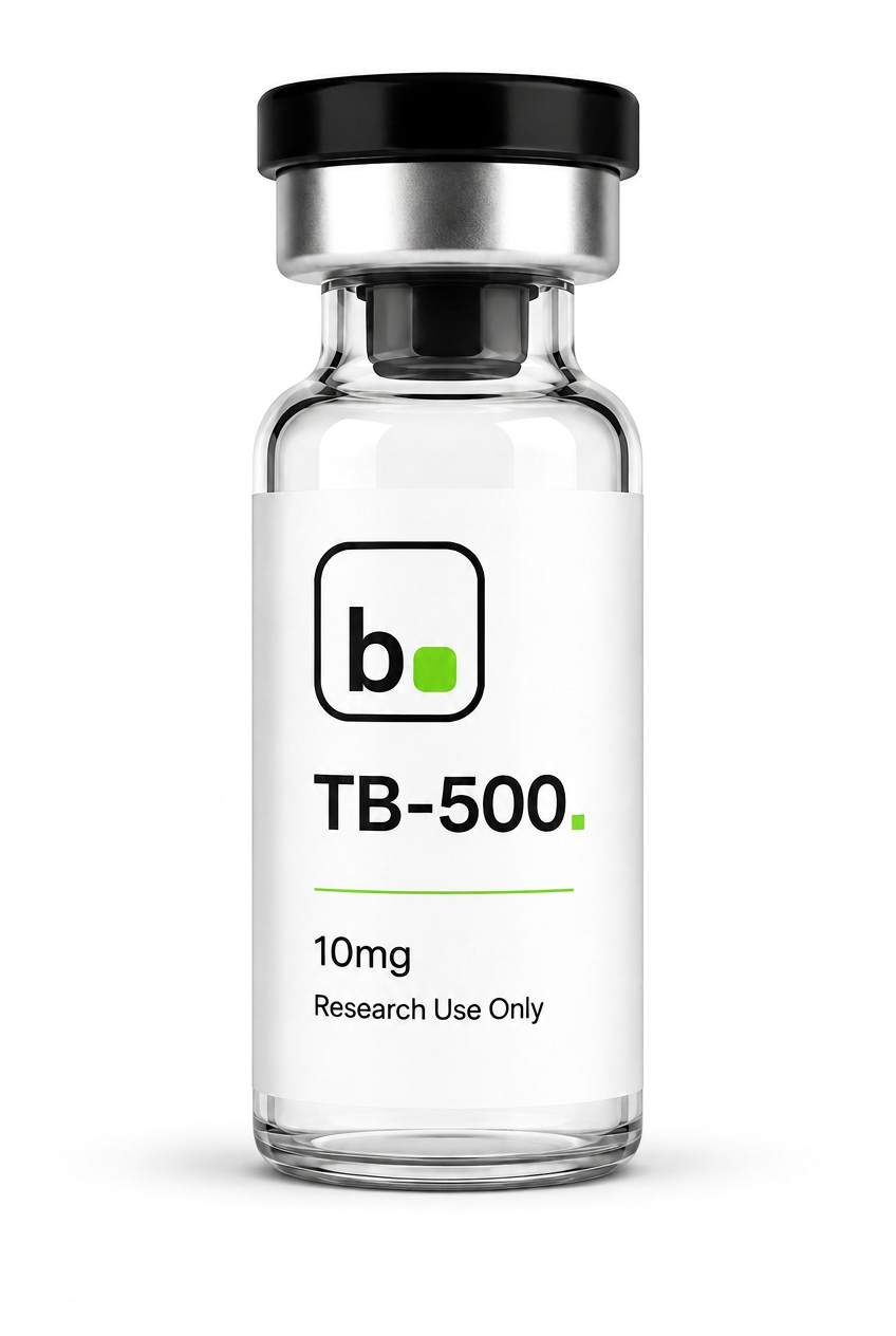 TB-500 peptide vial, 10mg / 5ml research-grade lyophilised powder, made and tested in the UK
