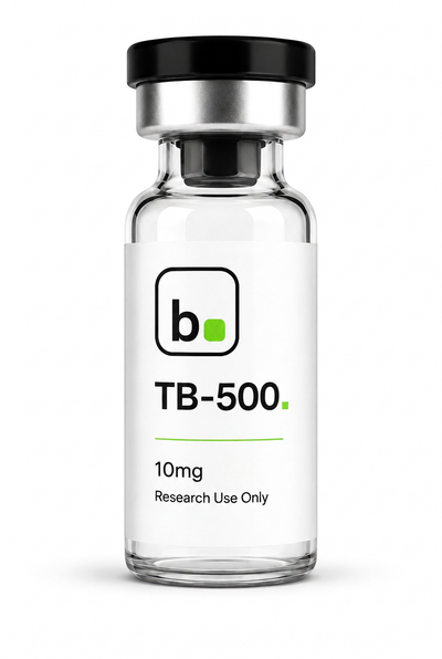 TB-500 peptide vial, 10mg / 5ml research-grade lyophilised powder, made and tested in the UK