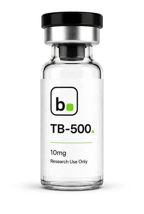 TB-500 peptide vial, 10mg / 5ml research-grade lyophilised powder, made and tested in the UK