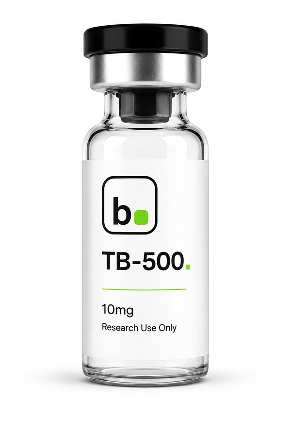 TB-500 peptide vial, 10mg / 5ml research-grade lyophilised powder, made and tested in the UK