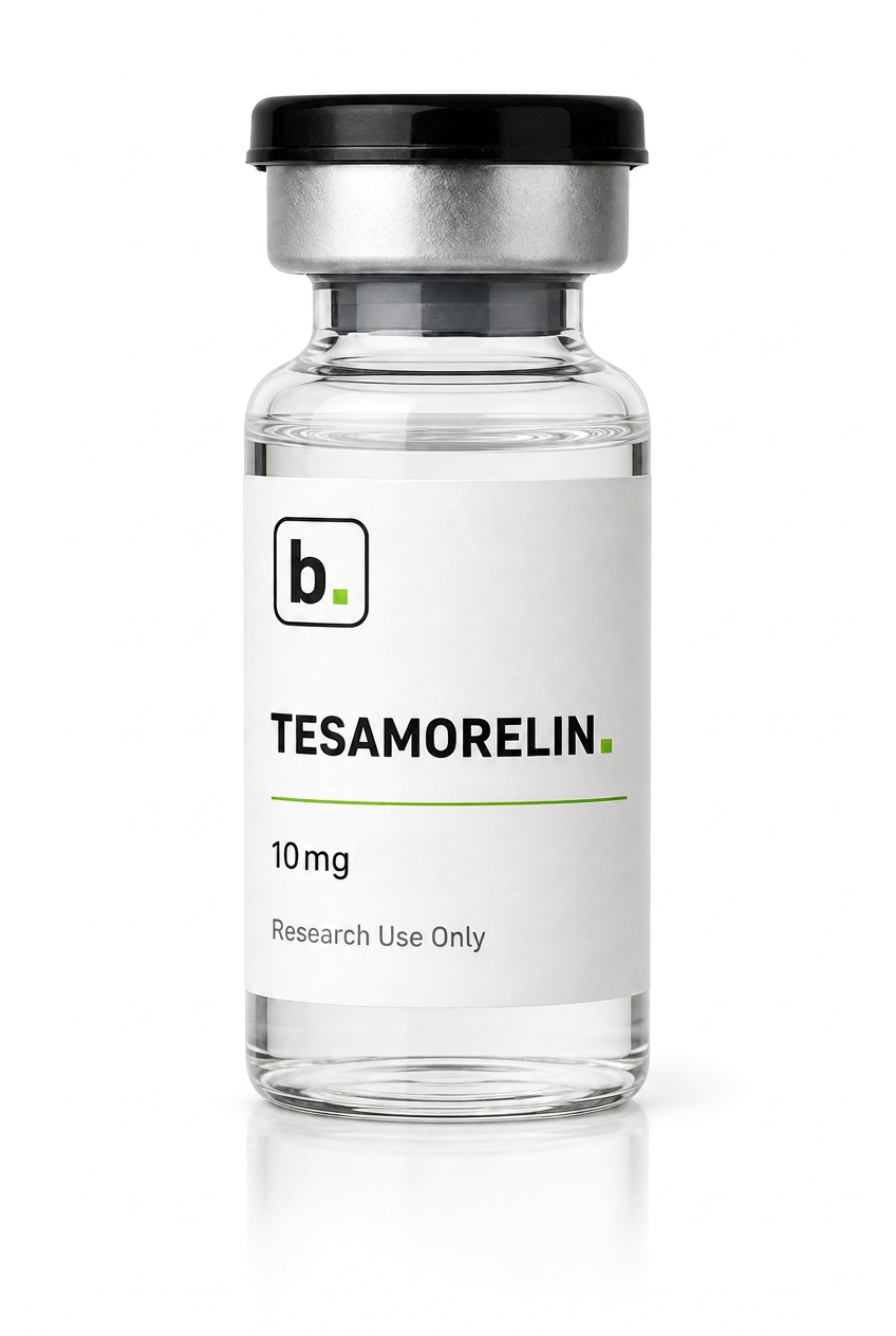 Tesamorelin peptide vial, 10mg / 5ml research-grade lyophilised powder, made and tested in the UK