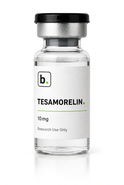 Tesamorelin peptide vial, 10mg / 5ml research-grade lyophilised powder, made and tested in the UK