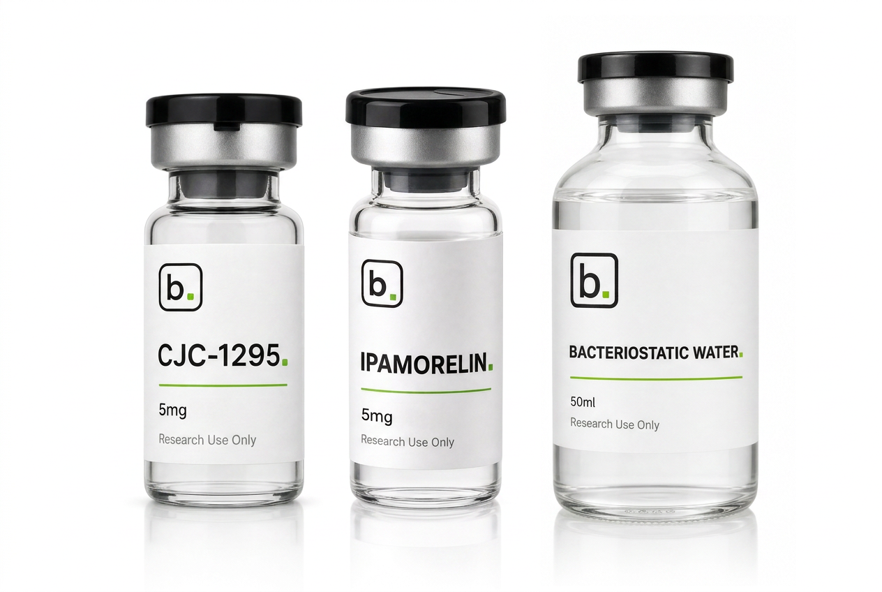 Growth Axis Stack: CJC-1295 and Ipamorelin vials with bacteriostatic mixing water
