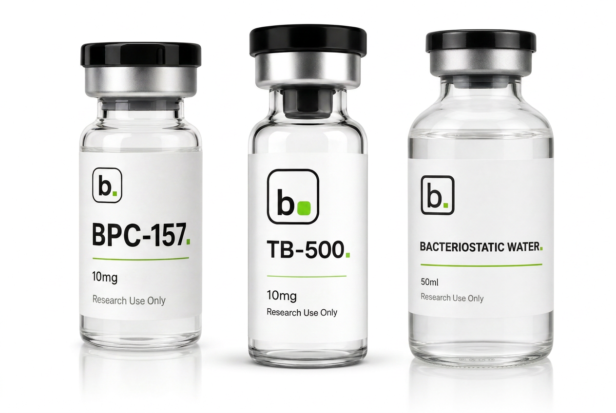 Recovery Stack: BPC-157 and TB-500 vials with bacteriostatic mixing water