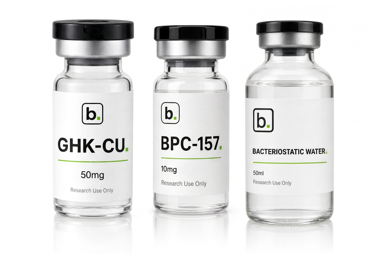 Repair and Matrix Stack: GHK-Cu and BPC-157 vials with bacteriostatic mixing water